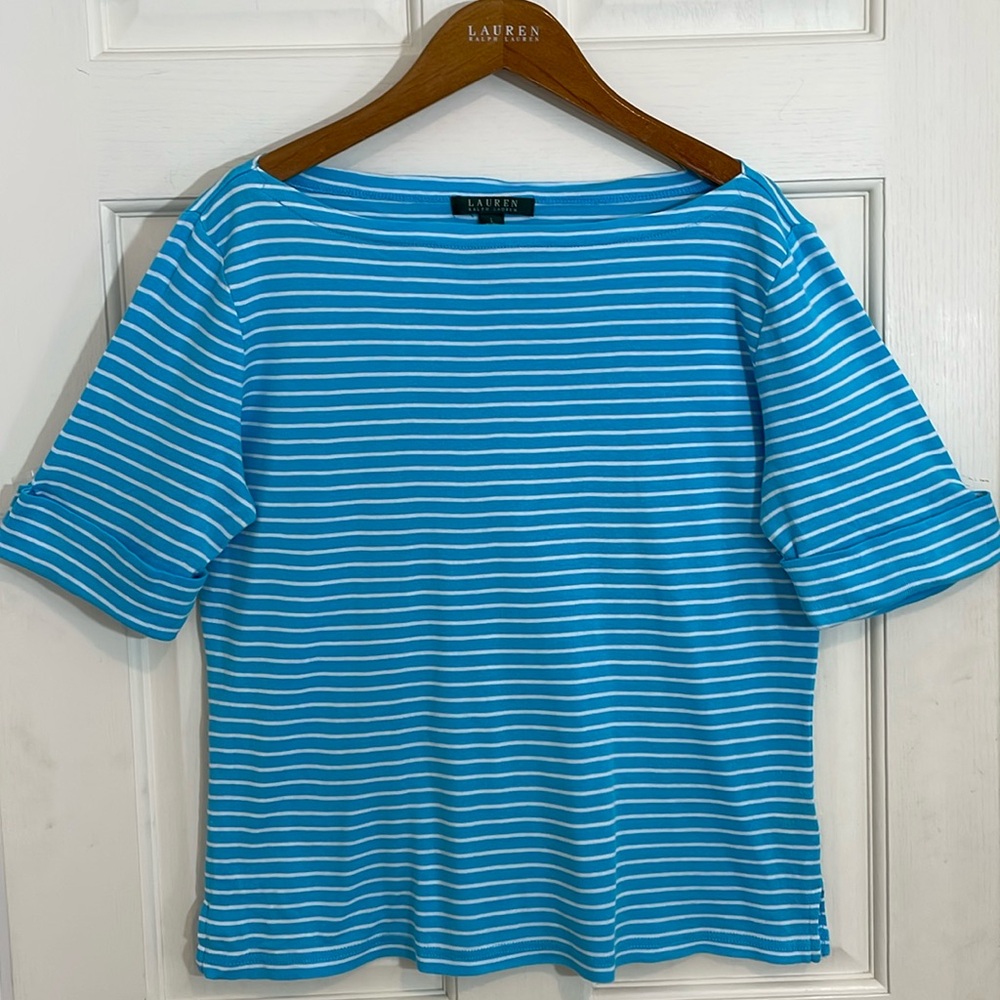 Lauren Ralph Lauren Blue White Striped Top Elbow Sleeves Boat Neck L